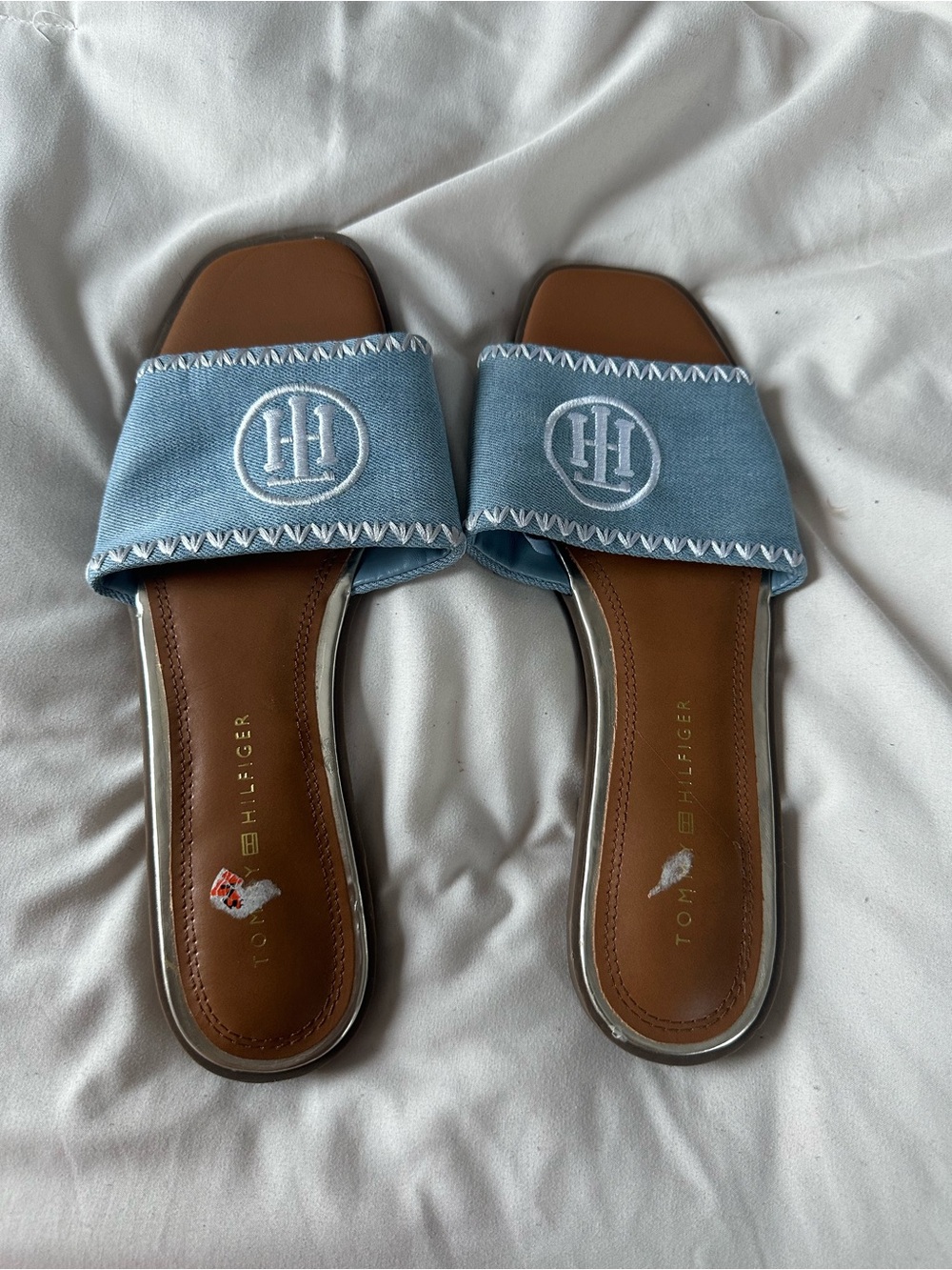 Tommy Hilfiger Light Blue Denim Slide Sandals with Tan Footbed